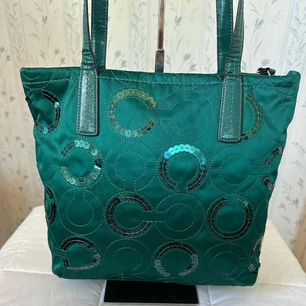 Coach Emerald Satin Tote with Circle Sequin Pattern - Picture 3 of 16